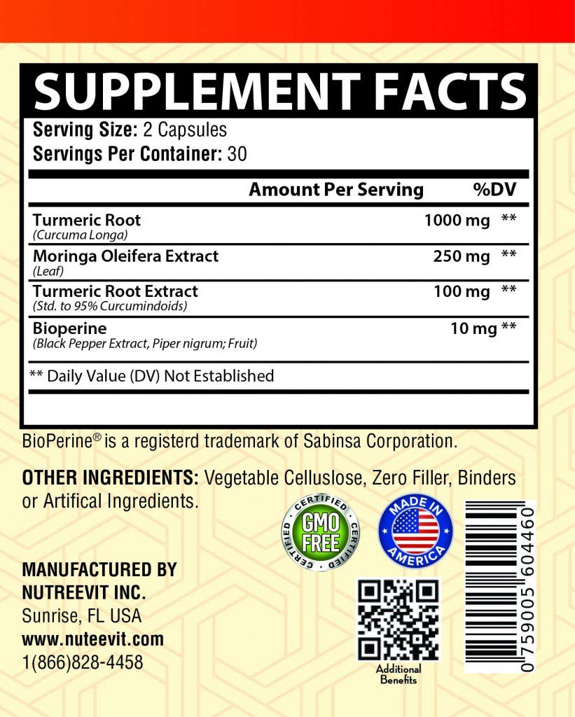 Organic Turmeric Curcumin with Moringa Oleifera and Bioperine Supplement 200 Count Z2540