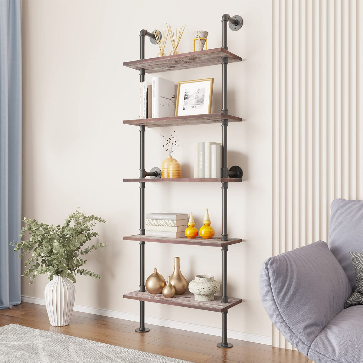 5 Tier Solid Wood Industrial Pipe Ladder Shelf J1033