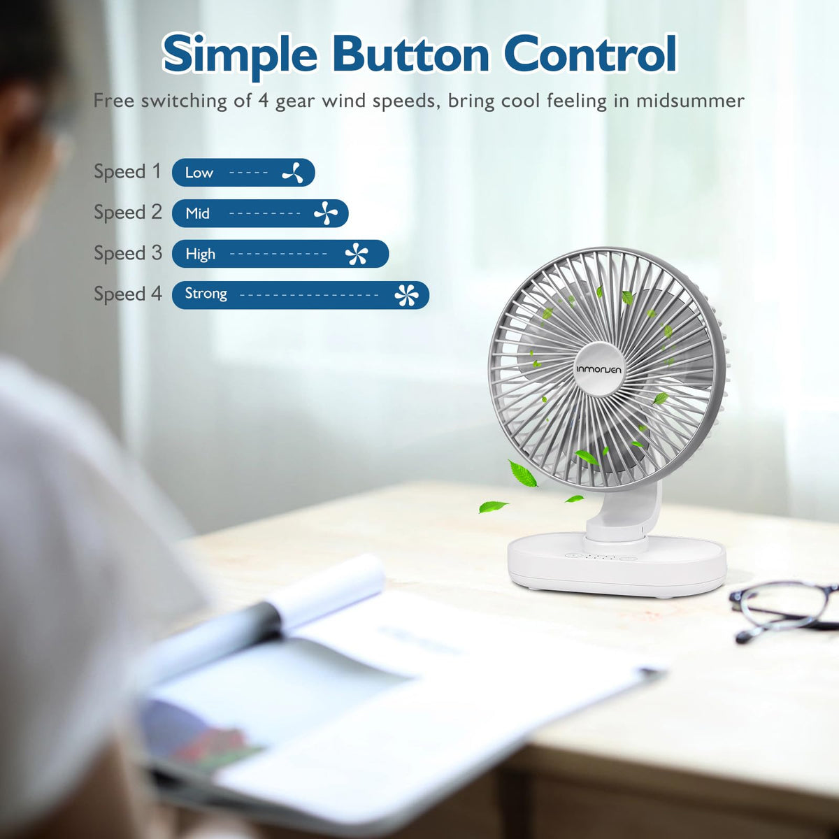 4000mAh Rechargeable Oscillating Desk Fan White V6358