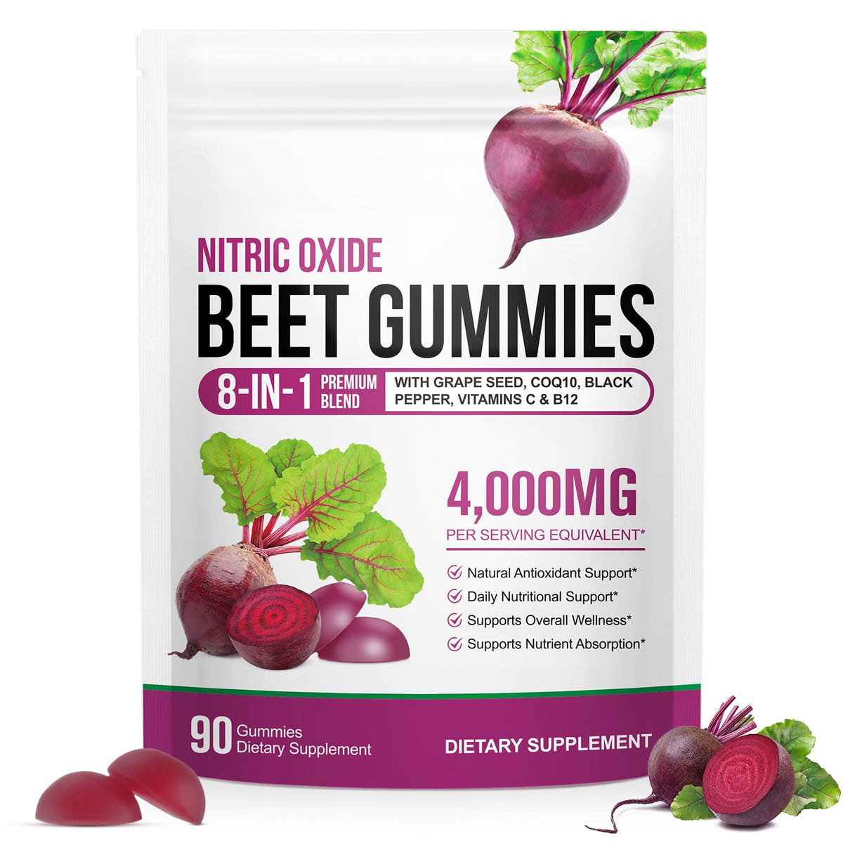 Sugar Free Beet Root Gummies with CoQ10, Grapeseed Extract, Vitamin B12, C W817