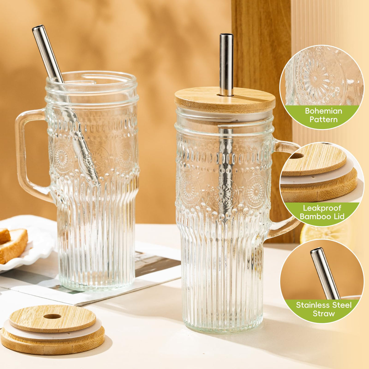 24 oz Glass Tumbler with Bamboo Lid and Handle Y43489