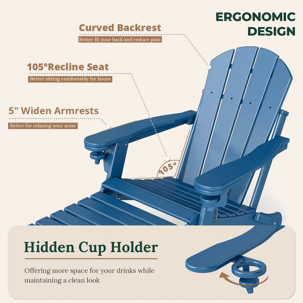 Set of 2 Blue Folding HDPE Plastic Adirondack Chairs with Pull-Out Footrest U6773