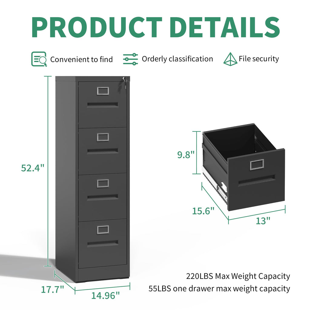 Black 4 Drawer Steel File Cabinet with Lock S41505