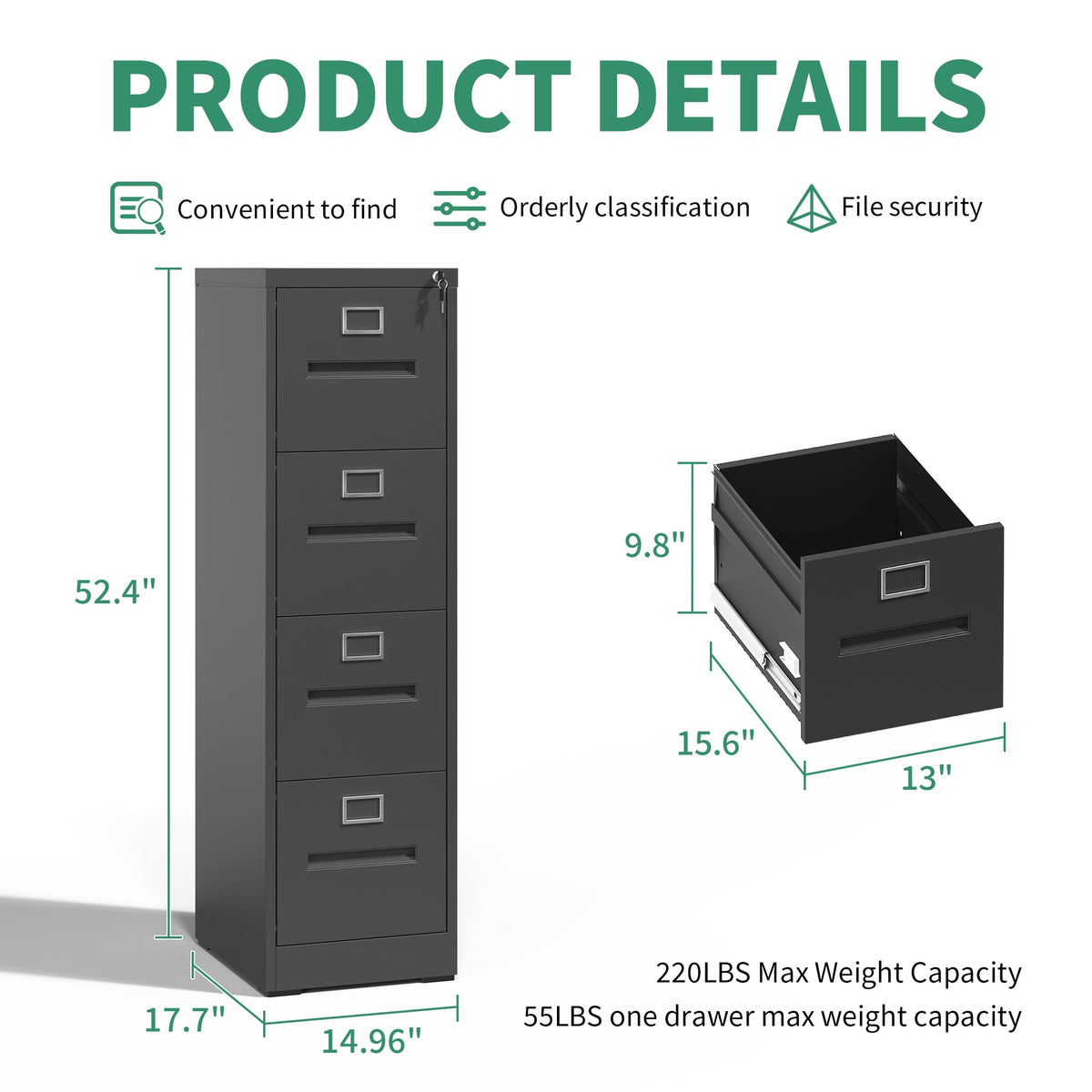 Black 4 Drawer Steel File Cabinet with Lock S41505