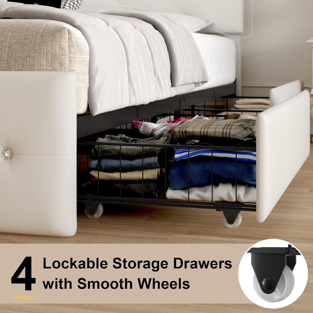 White PU Upholstered Full Size Bed Frame with 4 Storage Drawers O906776