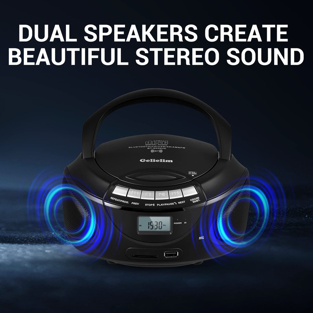 Portable CD Boombox with AM/FM Radio, Bluetooth, USB, SD Card, LCD Display, Black N3939