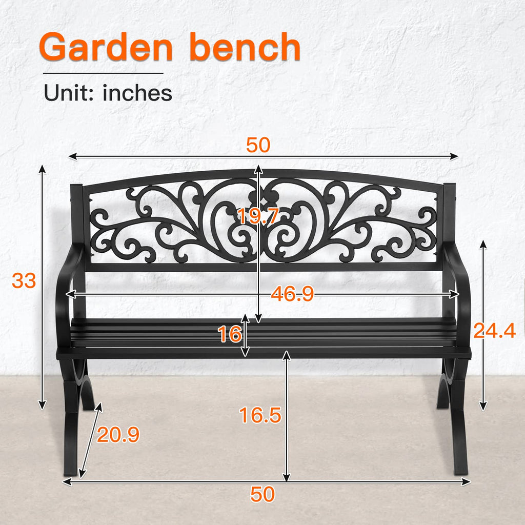 50 inch Black Metal Patio Garden Bench with Armrests S6352