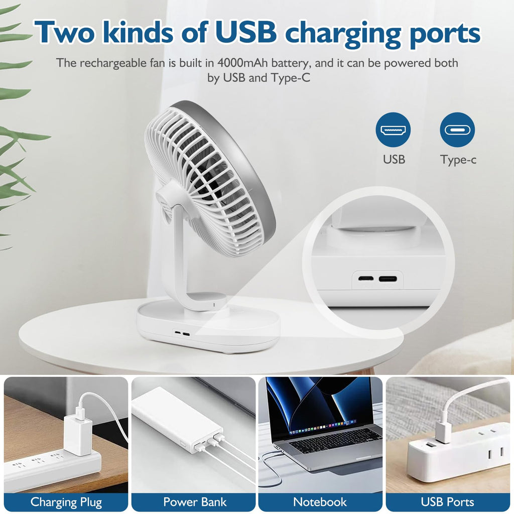 4000mAh Rechargeable Oscillating Desk Fan White V6358