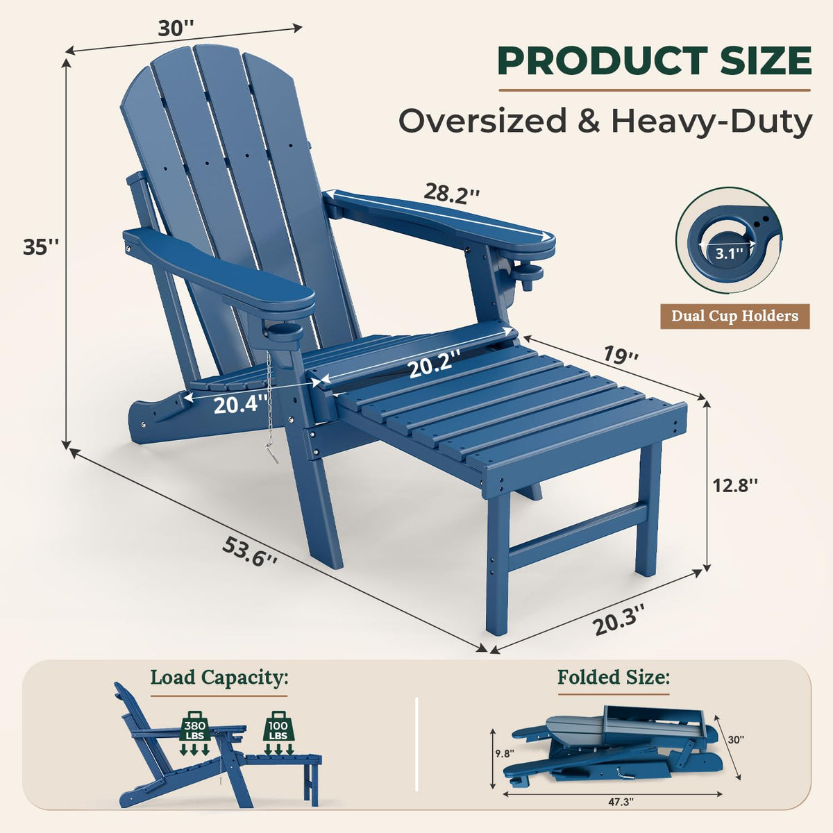 Set of 2 Blue Folding HDPE Plastic Adirondack Chairs with Pull-Out Footrest U6773