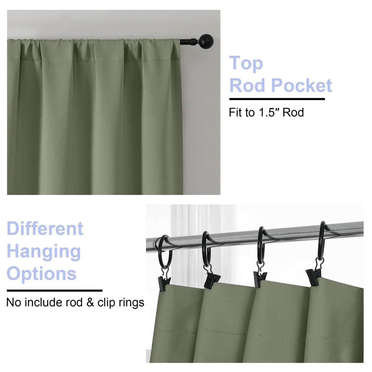 Sage Green Blackout Curtains, 72 Inch, 2 Panels Set C1027