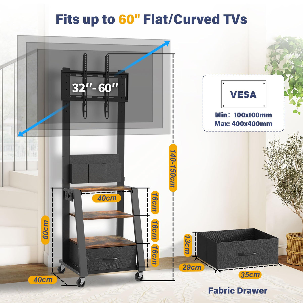 Rolling TV Stand with Power Outlet & 4-Tier Storage for 23-60 Inch Flat/Curved Screen E999