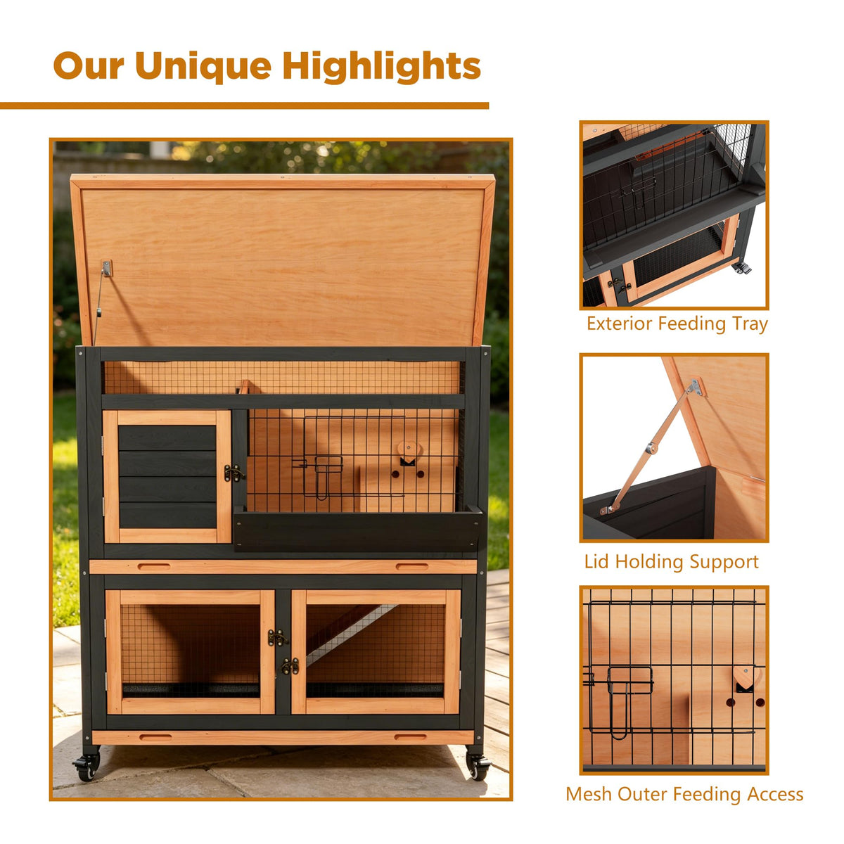 2-Story Wooden Rabbit Hutch Guinea Pig Cage with Wheels I784