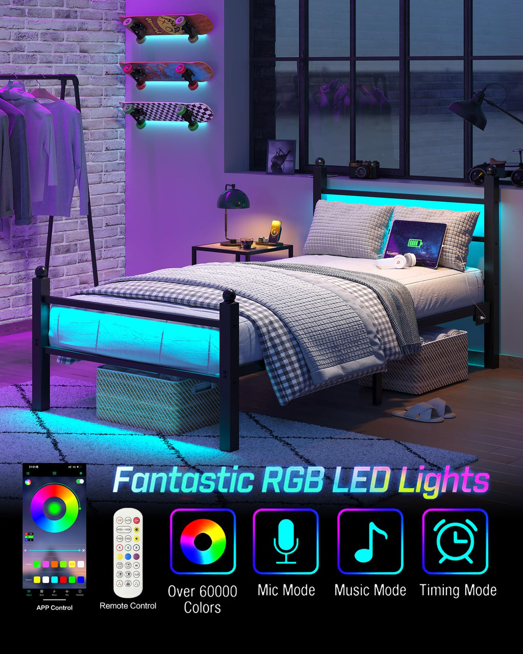 Black Twin Bed Frame with LED Lights and Charging Station K425