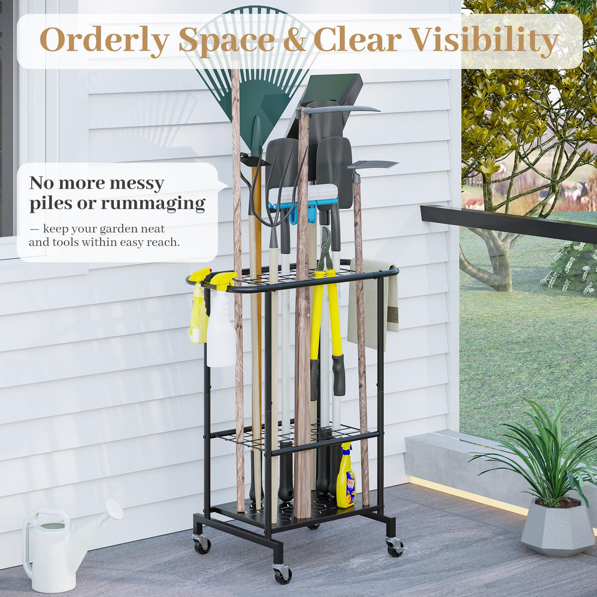 Heavy Duty Metal Garden Tool Organizer with Wheels M40581