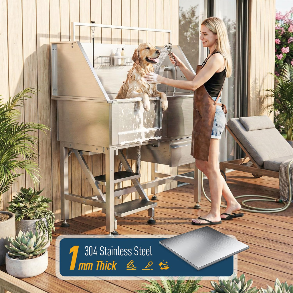 46" Stainless Steel Dog Washing Station with Removable Left Ramp & Storage Drawer Y664