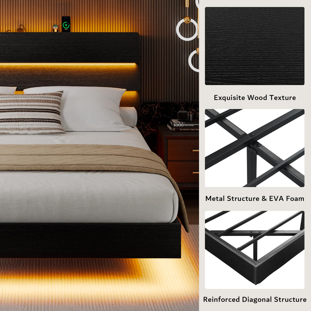 Queen Floating Bed Frame with LED Lights & Charging Station U72570