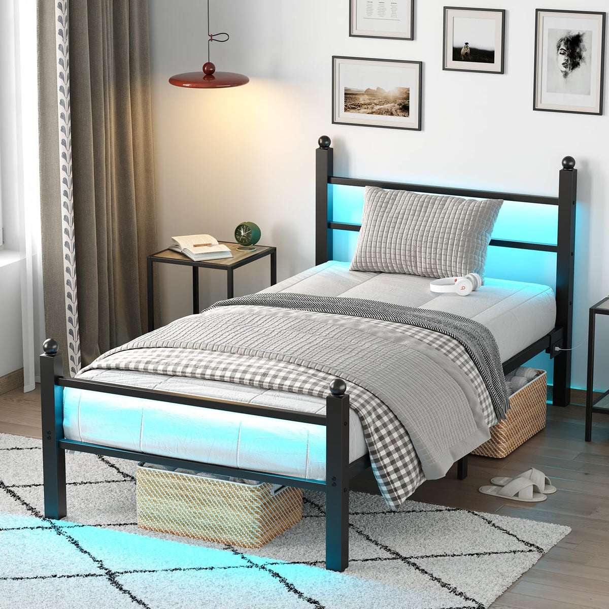 Black Twin Bed Frame with LED Lights and Charging Station K425