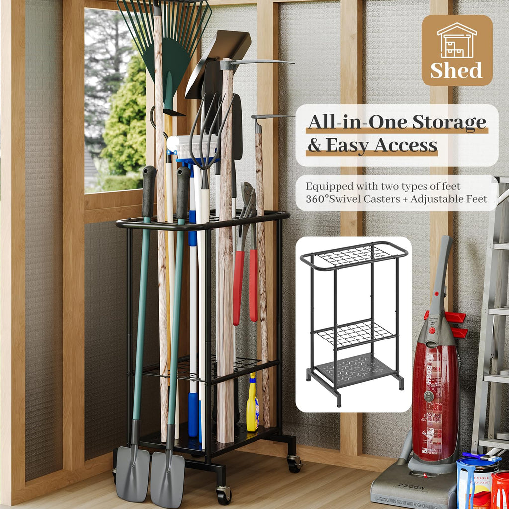 Heavy Duty Metal Garden Tool Organizer with Wheels M40581