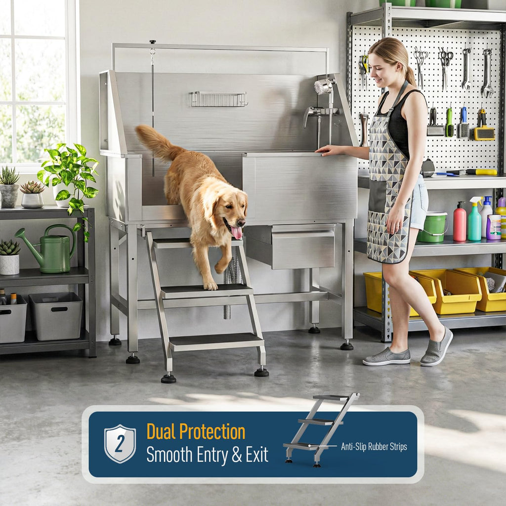 46" Stainless Steel Dog Washing Station with Removable Left Ramp & Storage Drawer Y664