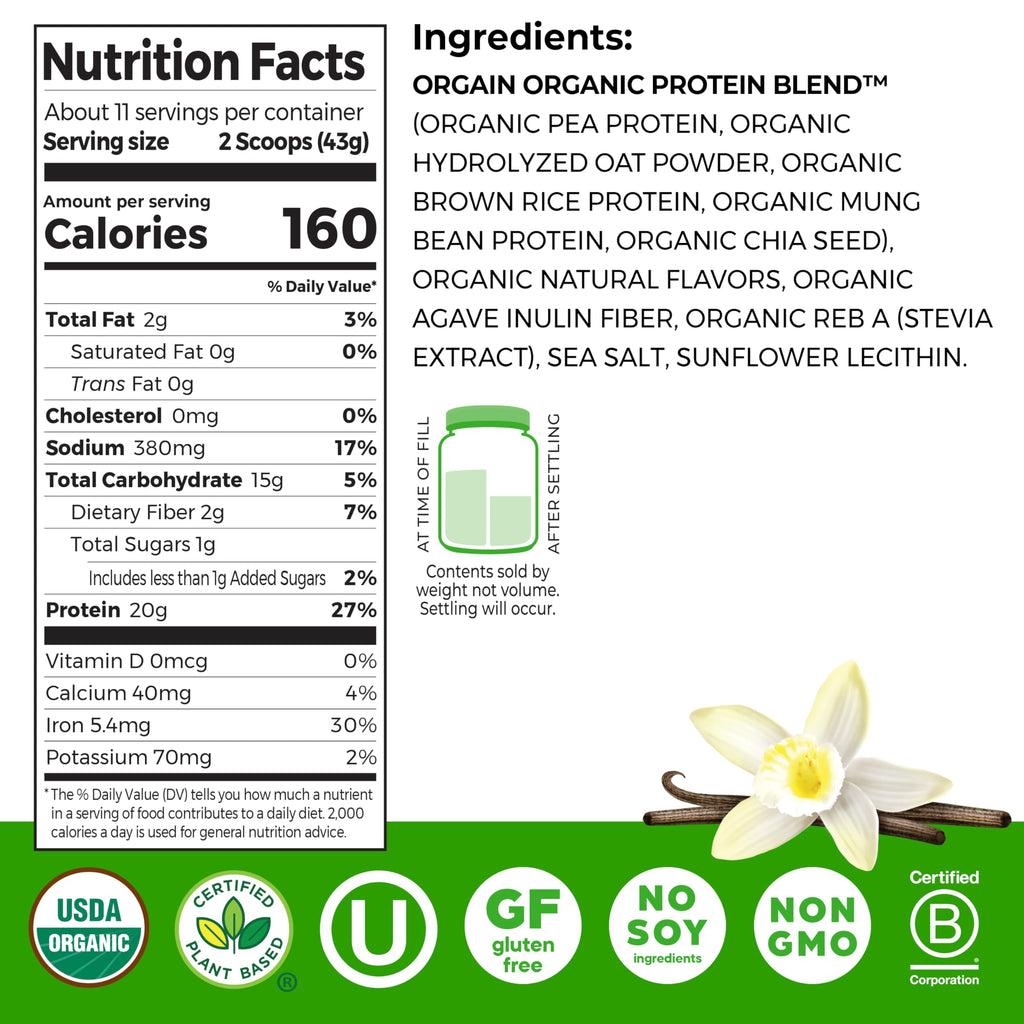 Organic Vegan Protein Powder + Oat Milk, Vanilla Bean, 20g Plant Based Protein, 1.05lb F570814