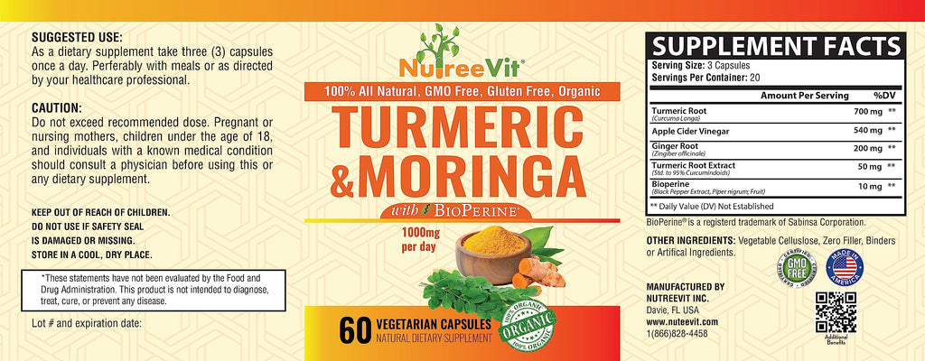 Organic Turmeric Curcumin with Moringa Oleifera and Bioperine Supplement 200 Count Z2540
