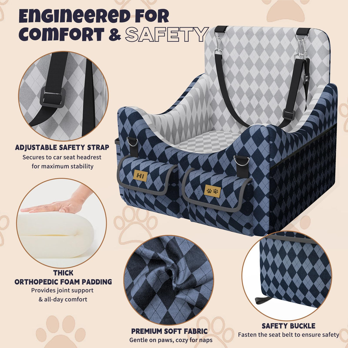 Memory Foam Dog Booster Seat with Safety Belt D64282