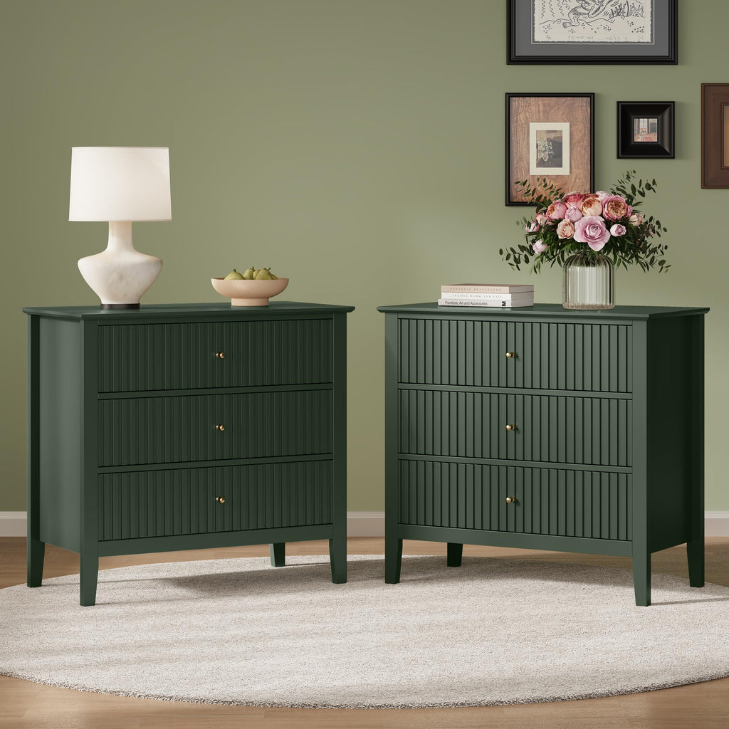 32" Dark Green 3 Drawer Nightstand Set of 2 I80047