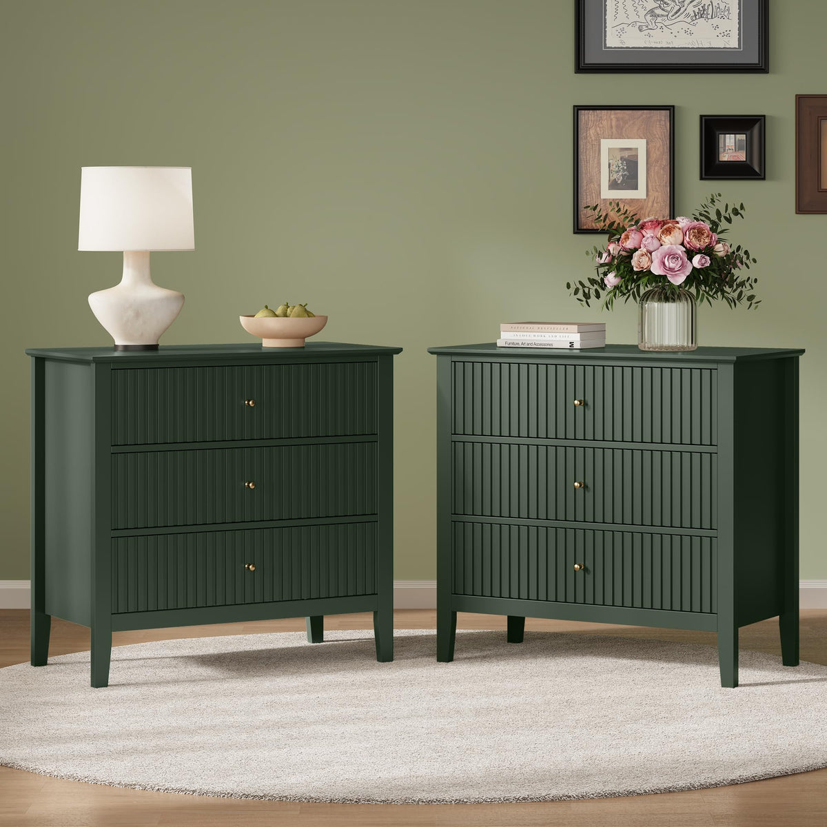 32" Dark Green 3 Drawer Nightstand Set of 2 I80047