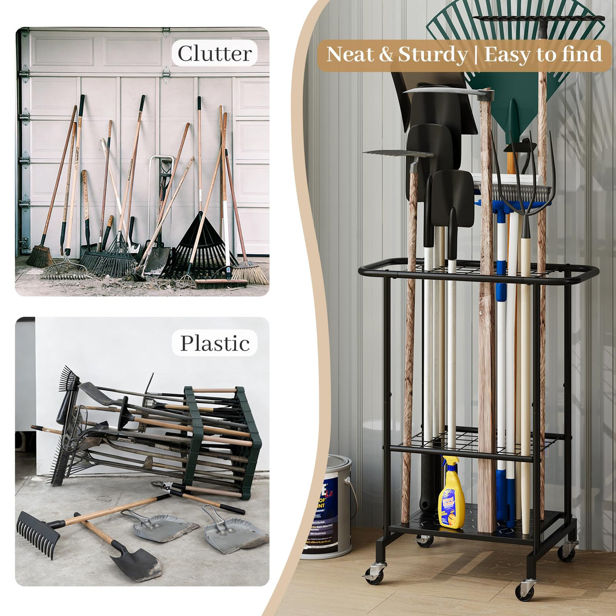 Heavy Duty Metal Garden Tool Organizer with Wheels M40581