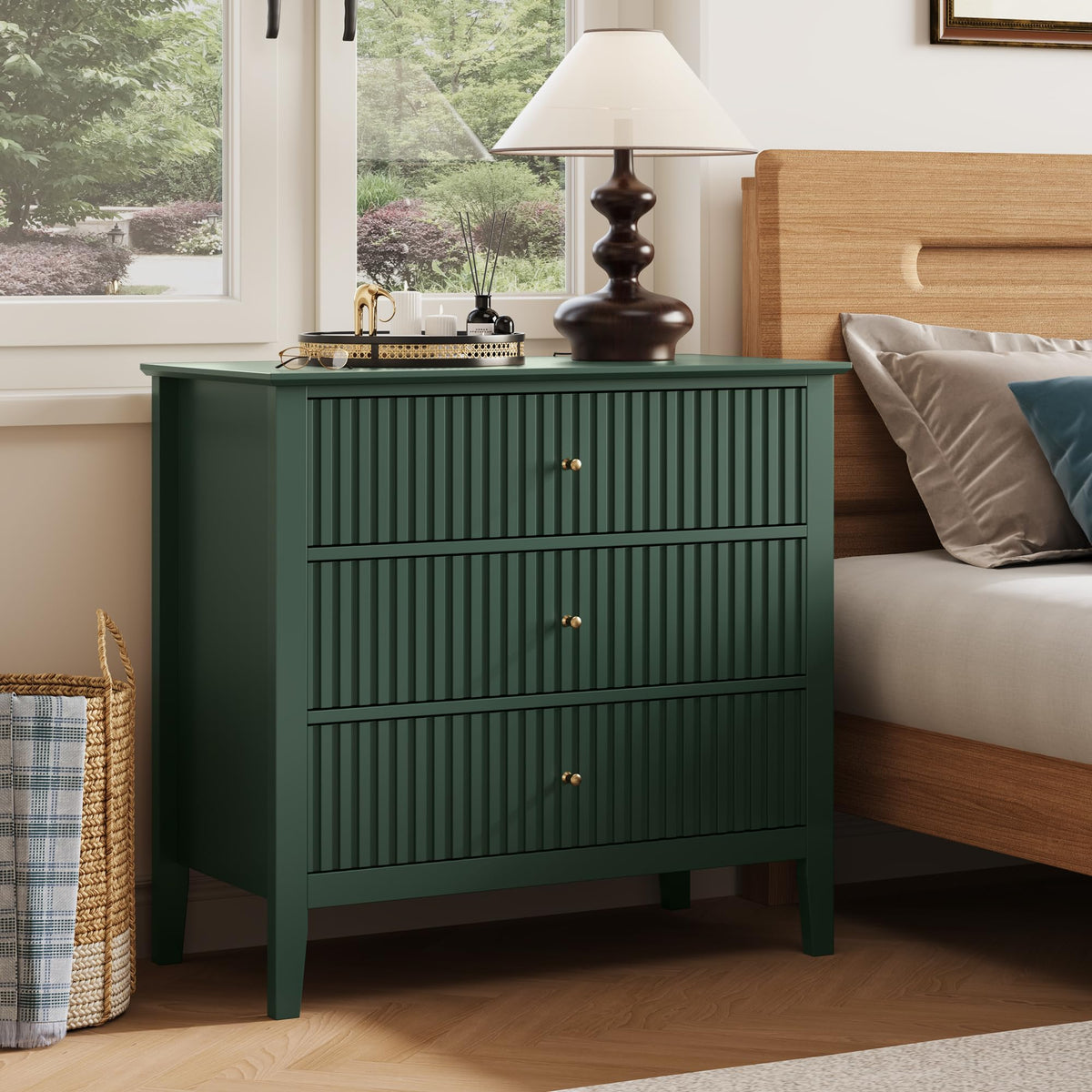 32" Dark Green 3 Drawer Nightstand Set of 2 I80047