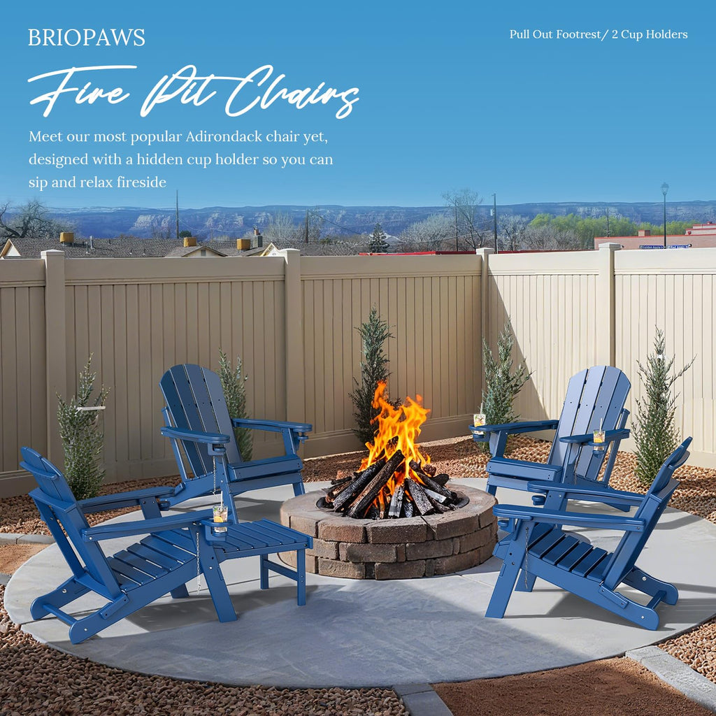 Set of 2 Blue Folding HDPE Plastic Adirondack Chairs with Pull-Out Footrest U6773