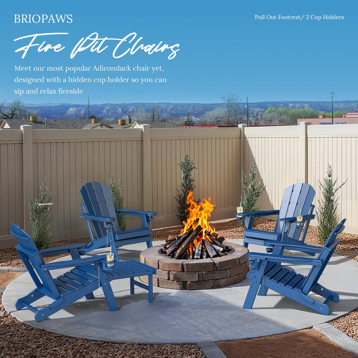 Set of 2 Blue Folding HDPE Plastic Adirondack Chairs with Pull-Out Footrest U6773