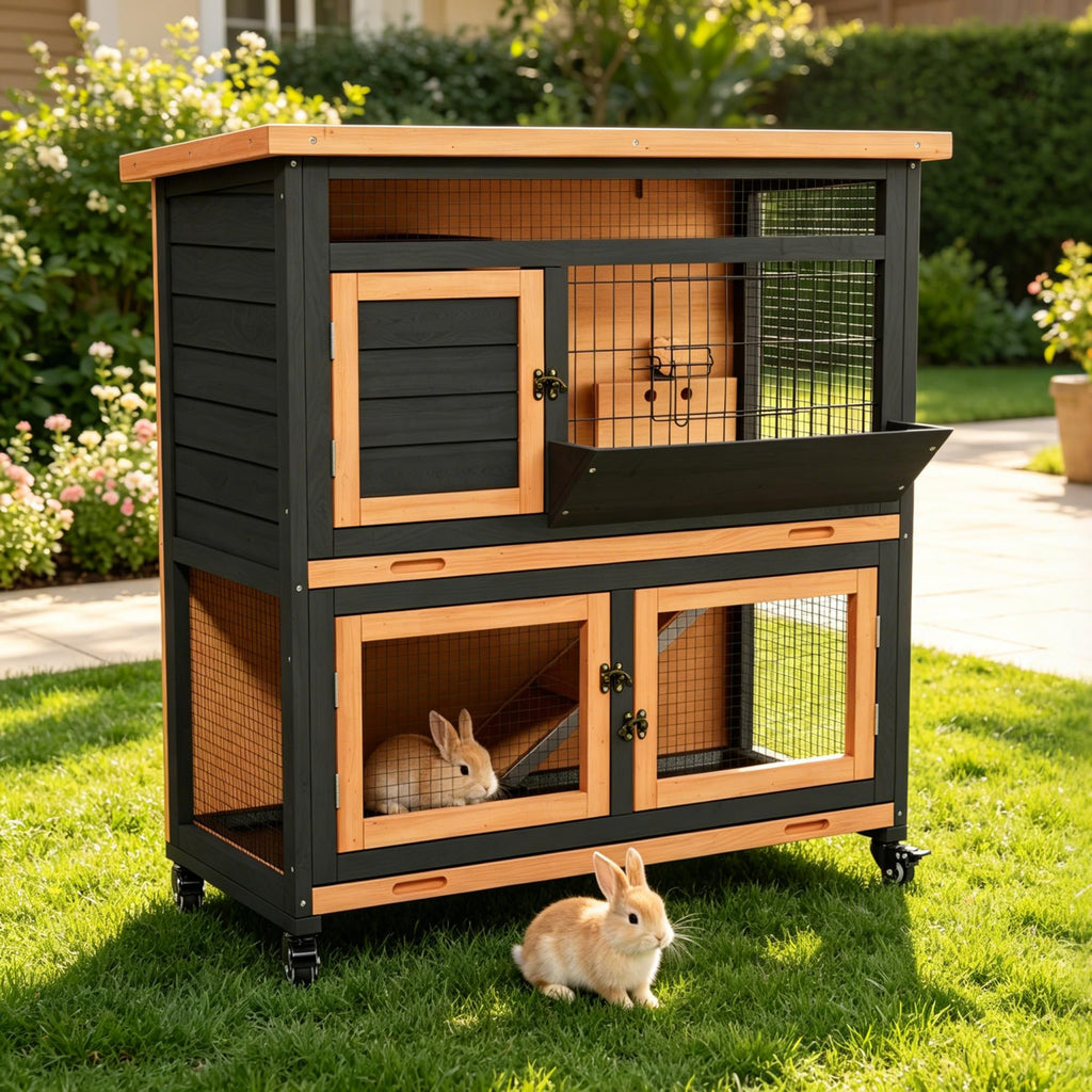 2-Story Wooden Rabbit Hutch Guinea Pig Cage with Wheels I784
