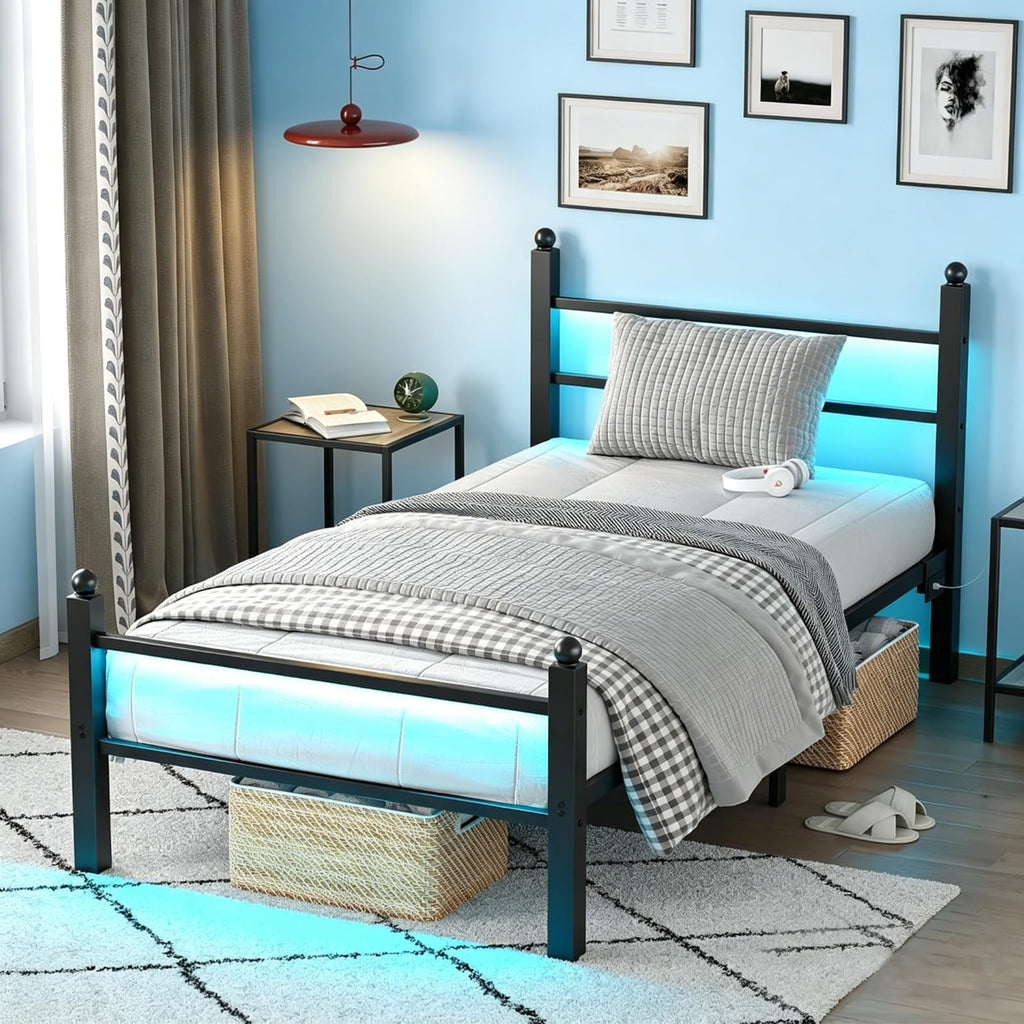 Black Twin Bed Frame with LED Lights and Charging Station K425