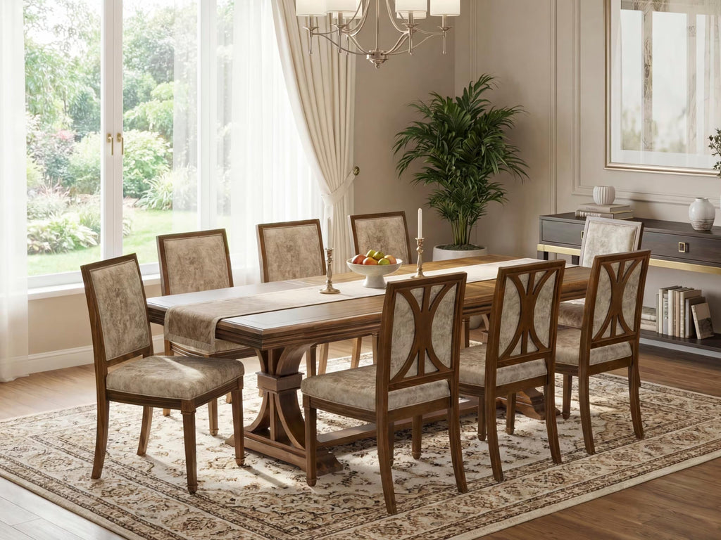9 Piece Dining Table Set with 8 Light Beige Fabric Chairs E177