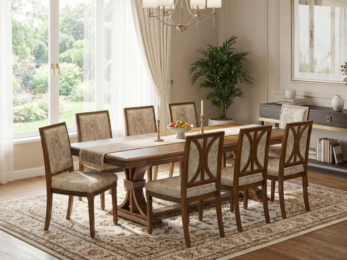 9 Piece Dining Table Set with 8 Light Beige Fabric Chairs E177