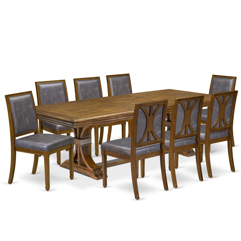 9 Piece Dining Table Set with 8 Light Beige Fabric Chairs E177