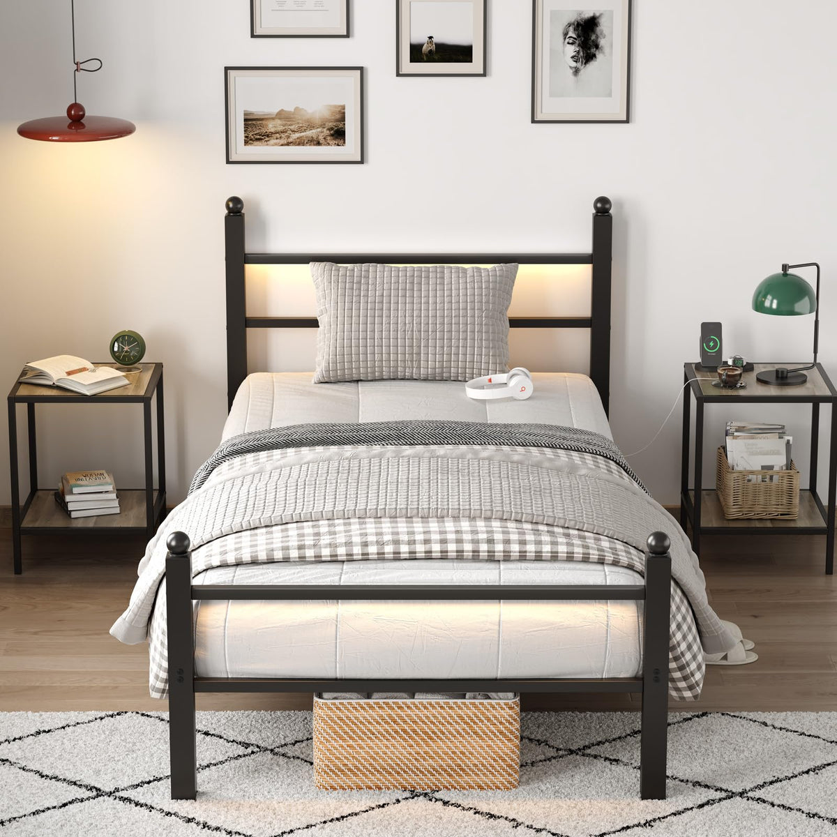 Black Twin Bed Frame with LED Lights and Charging Station K425