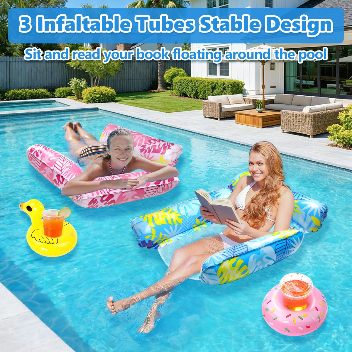 2 Pack Inflatable Pool Floats with Drink Holders and Air Pump T59329