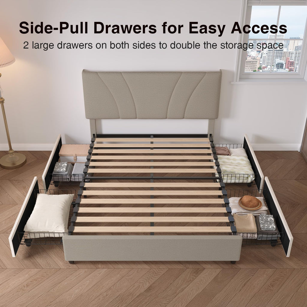 Beige Queen Bed Frame with Drawers O1798