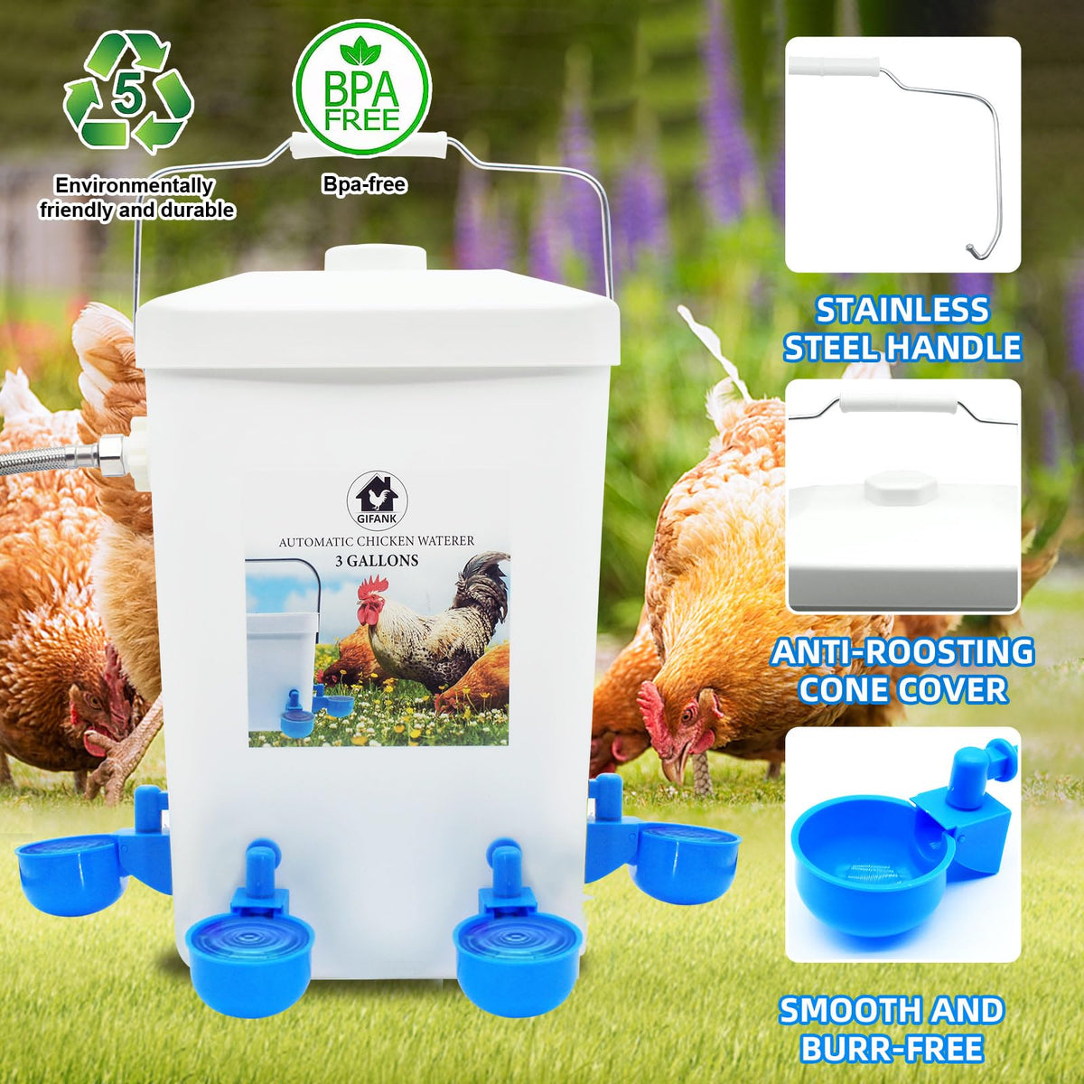 3 Gallons Automatic Poultry Waterer with Hose Attachment V206