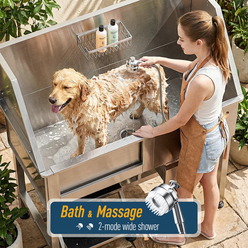 46" Stainless Steel Dog Washing Station with Removable Left Ramp & Storage Drawer Y664