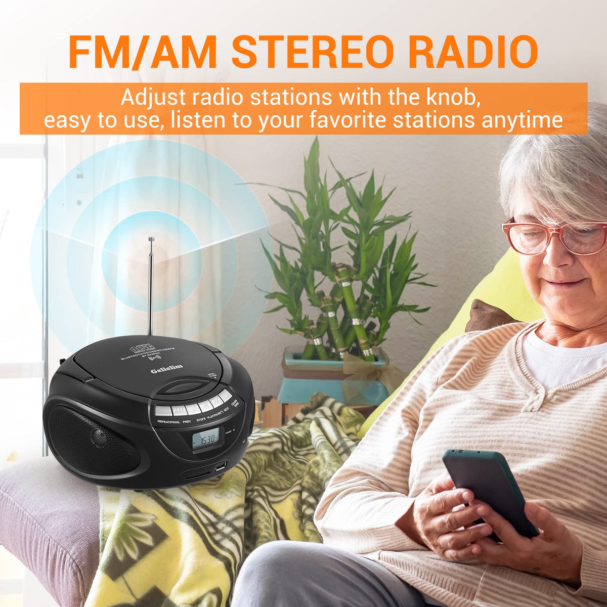 Portable CD Boombox with AM/FM Radio, Bluetooth, USB, SD Card, LCD Display, Black N3939