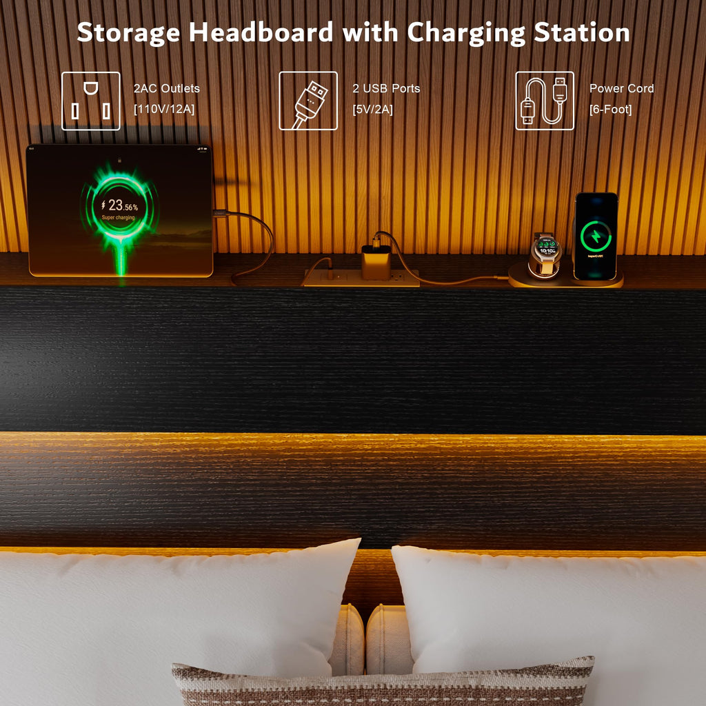 Queen Floating Bed Frame with LED Lights & Charging Station U72570