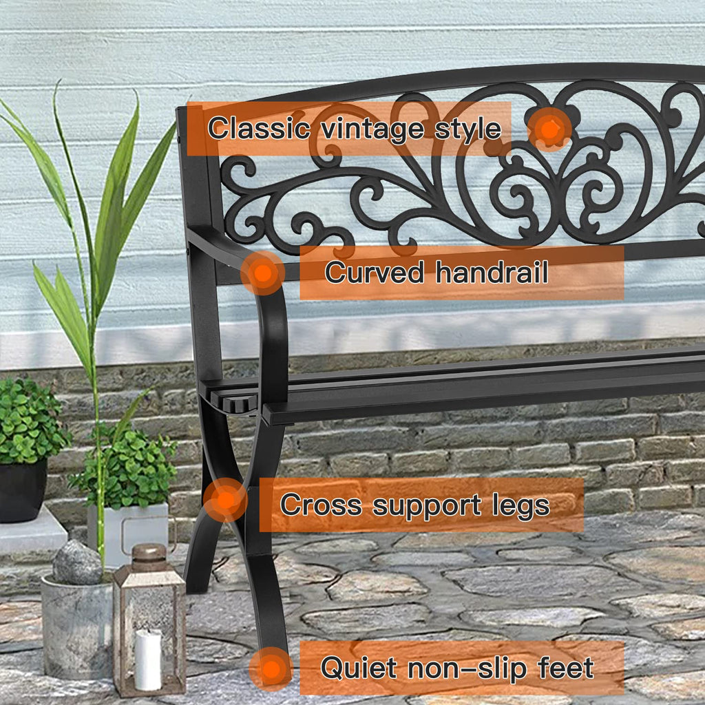 50 inch Black Metal Patio Garden Bench with Armrests S6352