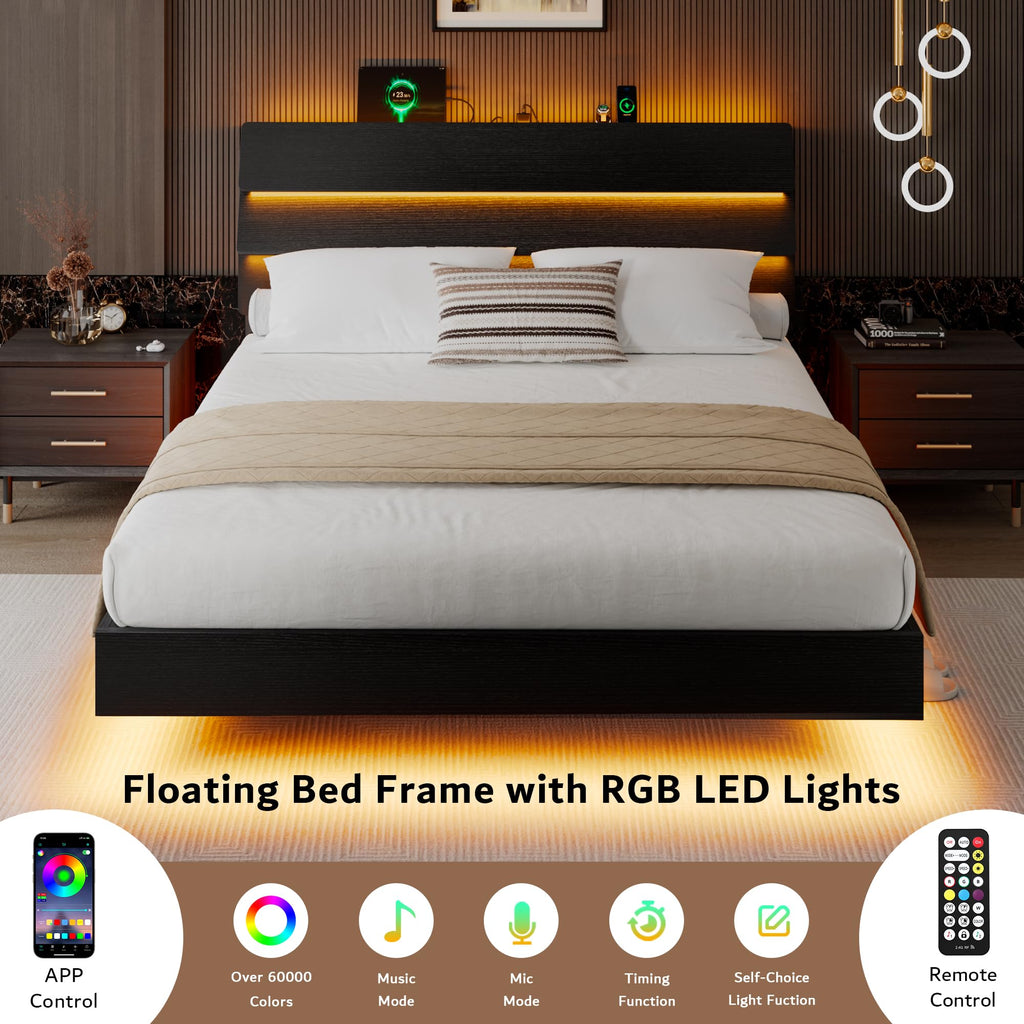 Queen Floating Bed Frame with LED Lights & Charging Station U72570