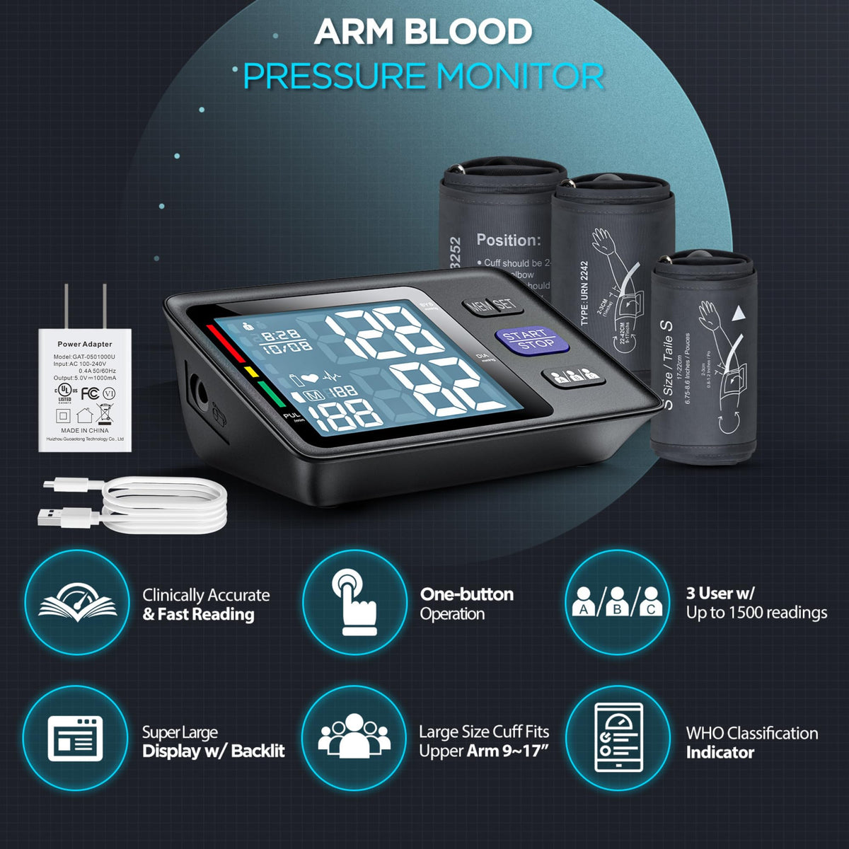Automatic Upper Arm Blood Pressure Monitor, 3 Cuffs R1105