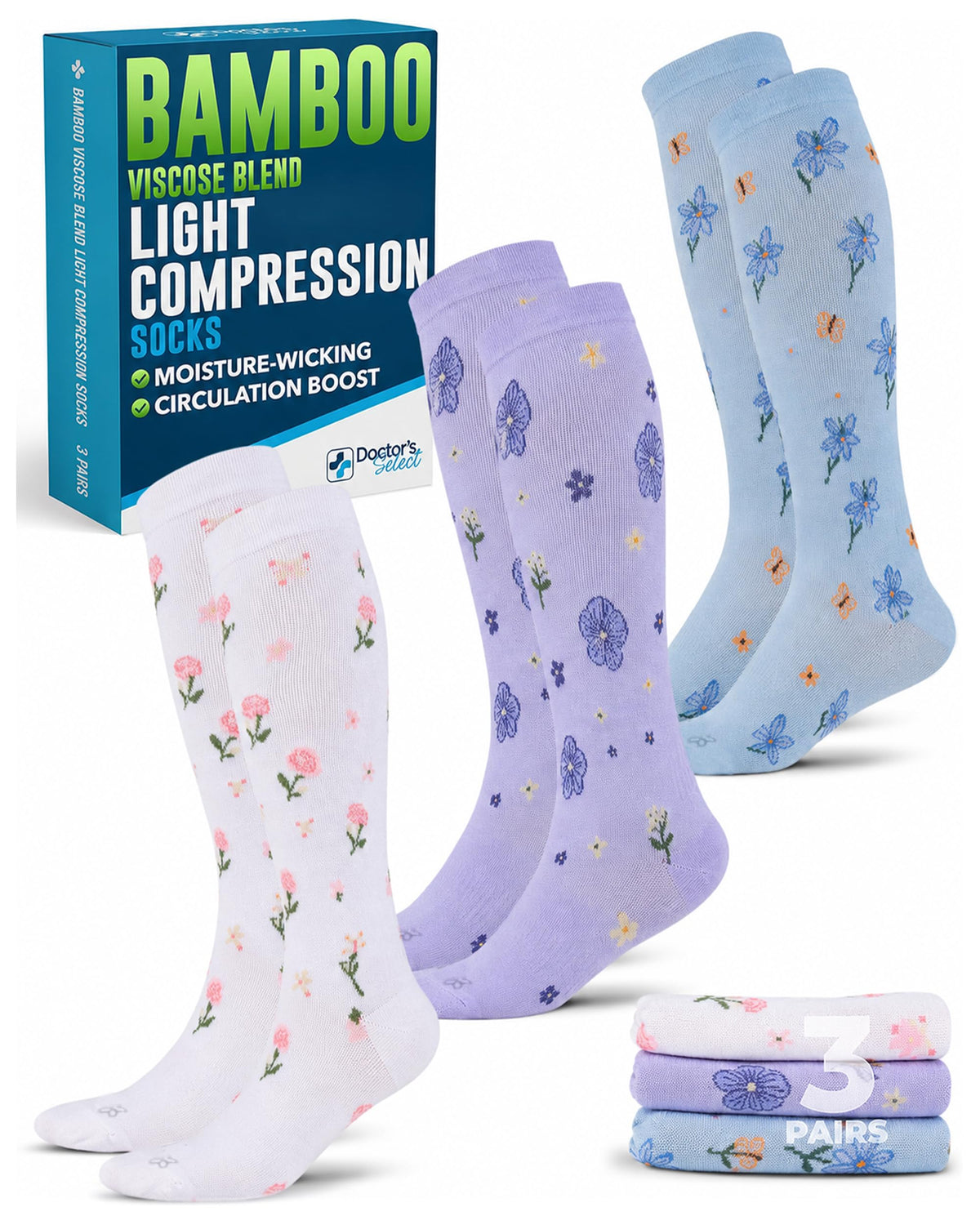 Bamboo Viscose 8-15 mmHg Knee High Compression Socks 3 Pairs P849792