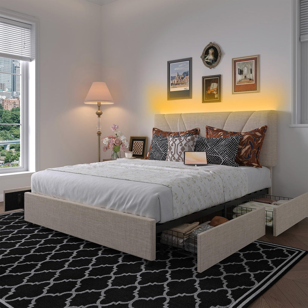 Beige Queen Bed Frame with Drawers O1798