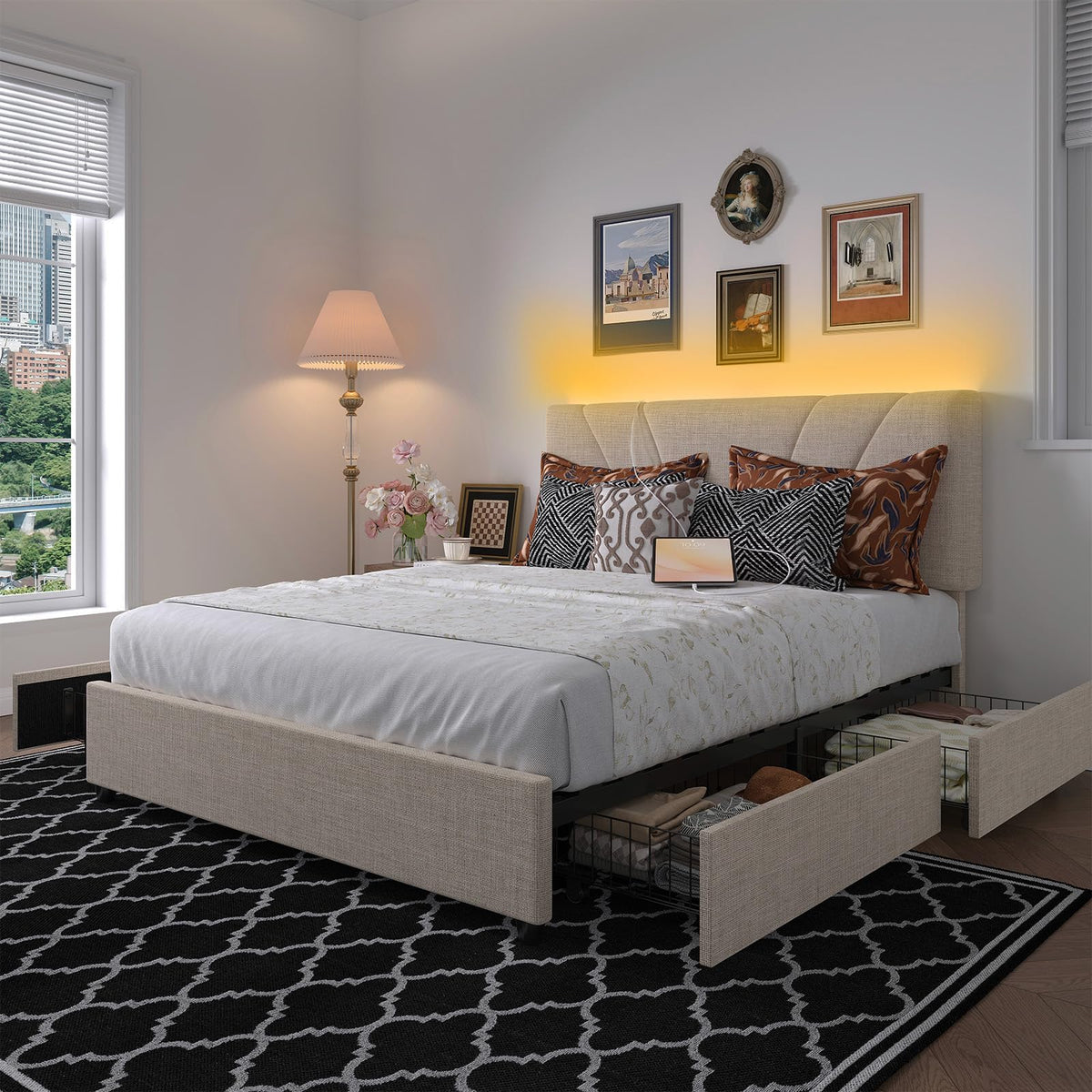 Beige Queen Bed Frame with Drawers O1798